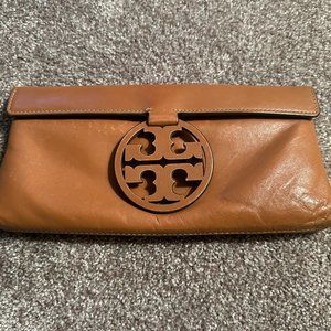 Authentic TORY BURCH Brown Leather Clutch with Laser Cut Logo, Magnetic Closure